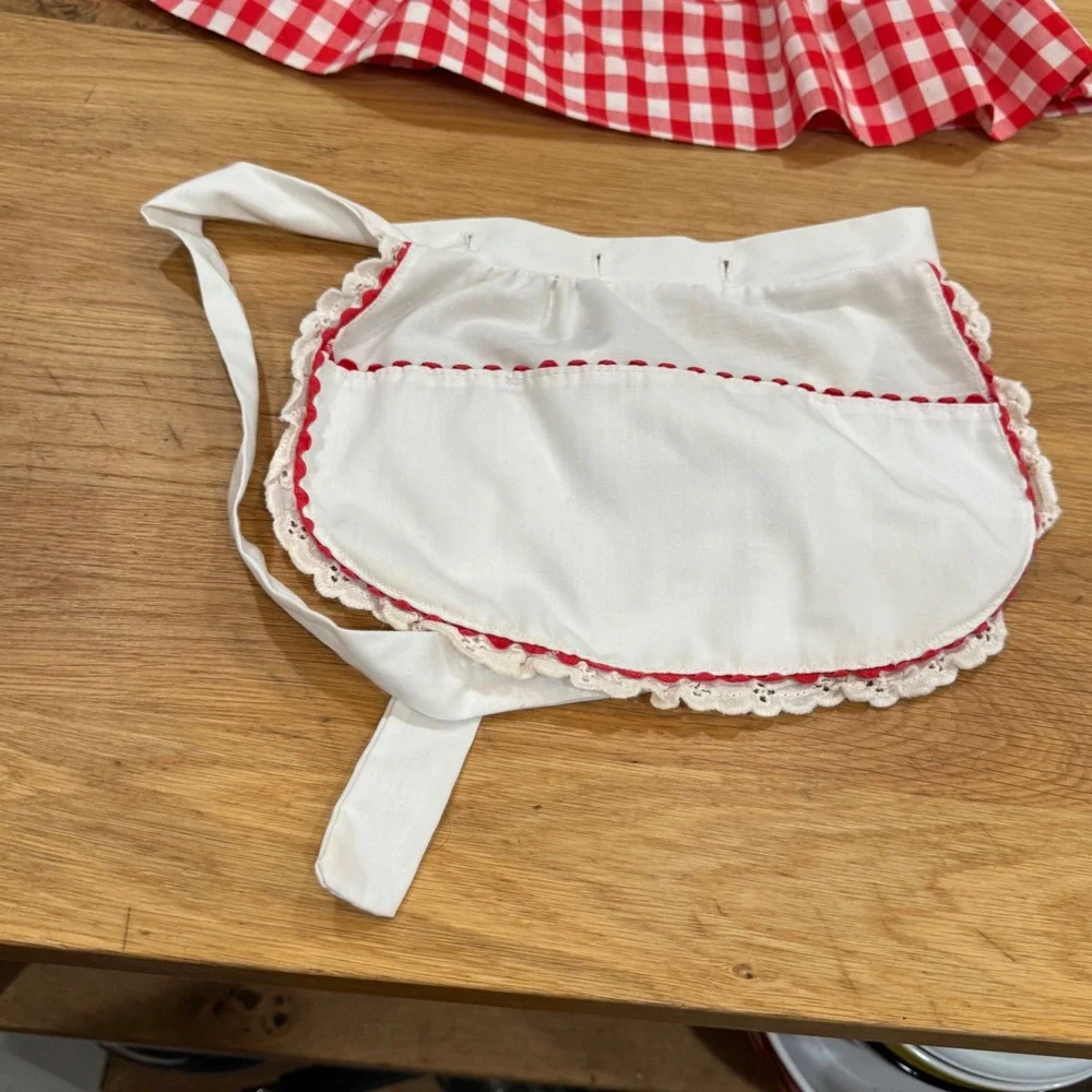 Vintage 90s Red Gingham Baby Dress w Detachable Apron Lace Trim Red White 12-18M